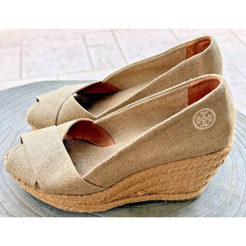 Tory Burch Filipa Espadrille Wedge Heels 6.5B Tan Canvas Peep Toe Platform